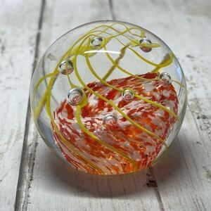 Art Glass Dome Paperweight Yellow Swirl Red White Controlled Bubbles